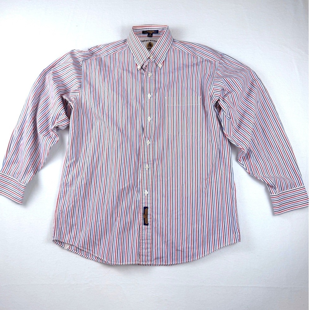 Vintage Tommy Hilfiger‎ Mens Button Down Red White Blue Cotton Size 16 34-35